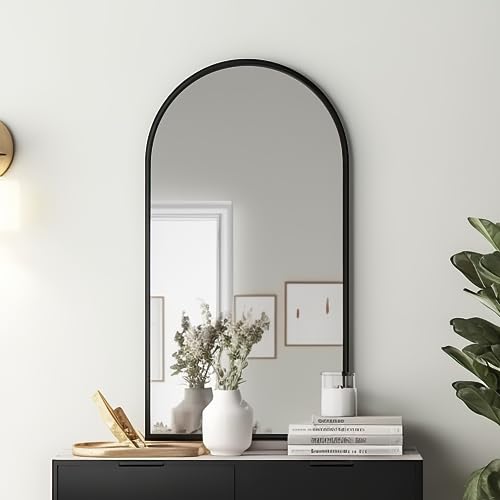 Image of Dewfig Arched Wall Mirror, 42 inchx24 inch Bathroom Mirrors for Wall, Black | Farmhouse Decorative Metal Frame Mirror for Bathroom Vanity, Lean /Hang, for Living Room, Entryway, Hallway, Home Decor