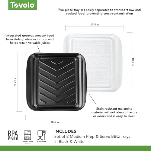 Image of Tovolo Square Grill Prep Tray BBQ Serving Trays for Outdoor Grilling Burgers Veggies Steak, Food Grade Dishwasher Safe Non Slip Nesting Black White 10.5 in Grill Trays for Bringing in and Out Meat