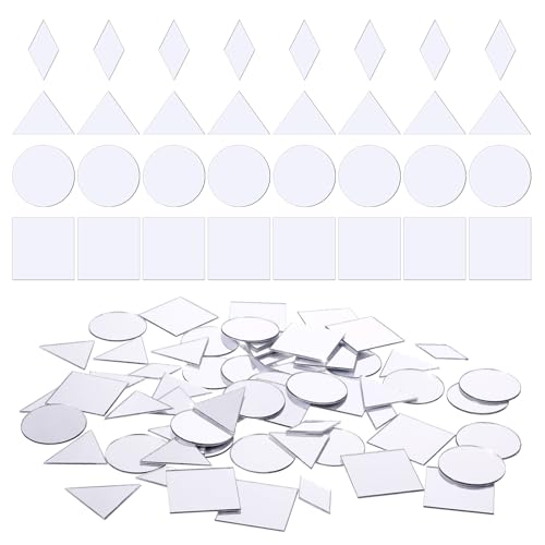 TIESOME 120 PCS 4 Shapes Mirrors for Crafts 1 Inch Small Mirror Pieces for Crafts DIY Mini Mirror Mosaic Tiles Triangles/Squares/Rounds/Rhombus for Disco Ball Lamp Framing Decoration