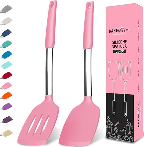 Silicone Spatula Set - Turner Spatulas Silicone Heat Resistant 600°F - Slotted & Solid Spatula for Cooking Fish, Eggs, Pancakes Flipper – Spatulas for kitchen use – Pink