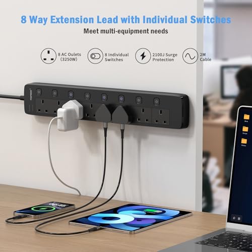 TOPREK 8 Way Extension Lead with Individual Switches, 2100 Surge Protected Extension Lead with Indicator Lights, Desk/Wall Mounted Power Strip for Office/Home/Computer Room/Garage(2M) - Image 3