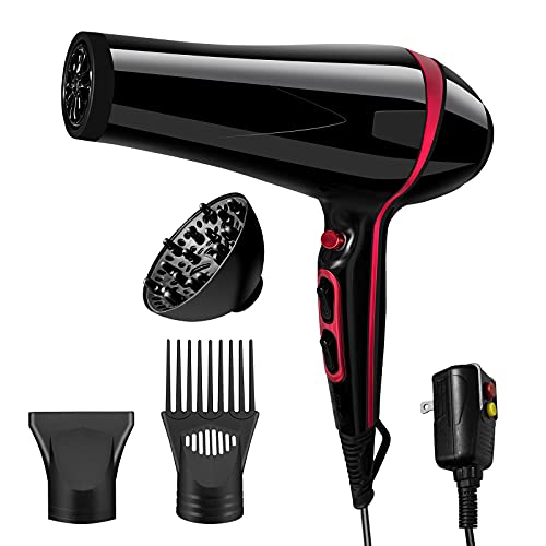 Salon Hair Blow Dryer Powerful 1850Watt for Faster Drying, Negative Ionic Professional Blow Dryer, Lightweight and Low Noise, with Concentrator, Diffuser and Comb (Black)
