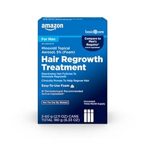 Amazon Basic Care Minoxidil Topical Aerosol, 5% Foam Hair Regrowth Treatment for Men, Unscented, 3-month Supply, 2.11 oz. (Pack of 3)