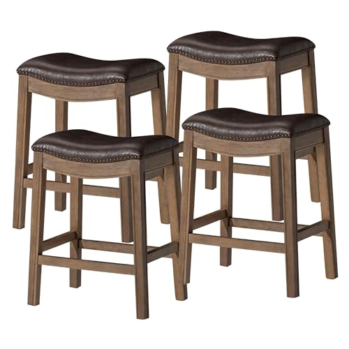 Image of Maven Lane Adrien Backless Counter Stool - Set of 4 - 26 Inches - Saddle Stool with Footrest - Brown Solid Wood Frame & Dark Brown Faux Leather Upholstery - Perfect for Kitchen Islands & Counters