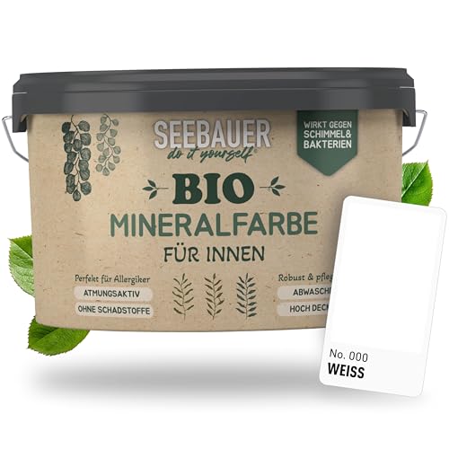 SEEBAUER diy Bio-Mineralfarbe Weiß für Innen 300ML (No. 000 Weiß) - Umweltfreundliche Silikatfarbe für Putz, Beton & Mauerwerk - Mineralfarbe für Allergiker