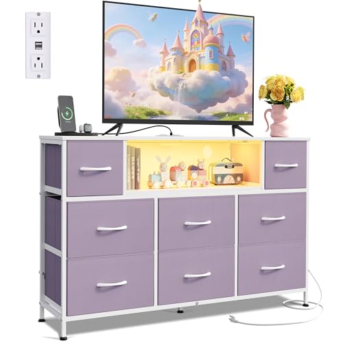 WLIVE Purple Dresser TV Stand for 45 50 55 inch TV Entertainment Center with LED Lights & Charging Station Chest of Drawers with 8 Fabric Drawers and Open Shelves for Living Room Hallway