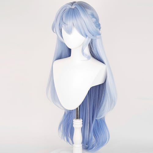 Image of Anime Blue Wigs with Bangs Women Long Wave Wig with Braid and Bun Robin-Bird Style Cosplay wig Halloween,Christmas,Comic con,Game Show,Carnival