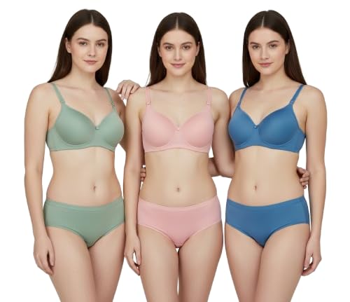 Women Cotton Blend Padded Non-Wired Full Cup T-Shirt Bra and Panty Lingerie Set, Solid Pattern, Pack of 3-picture-34