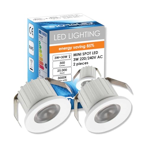 SIGMALED LIGHTING, Mini Foco LED empotrado Interior Techo Regulable 3W (300lumen), LED SPOT Luz Cálida 3000K, para Hogar y Tiendas, 220V/230V, Driver NO NECESARIO, Ø35x25mm, Redondo, 2 Focos