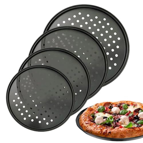 Bandeja para pizza redonda, bandeja para pizza para horno,Juego de bandejas para pizza - Bandeja de horno de acero al carbono, bandeja para pizza perforada de 4 piezas, bandeja para horno para pizza