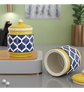The Earth Store (Set of 2 600ML Each Handcrafted Yellow Blue Moroccan Ceramic Multipurpose Jar/ba...