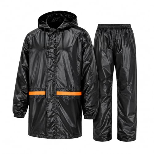 Image of Unisex Raincoat with Pant Set Waterproof for Men & Women, Hooded Rain Suit with Reflective Strip, Rain Jacket for Bike Riding, Travel & Outdoor Use, Black, Free Size (Fits L to XXL)