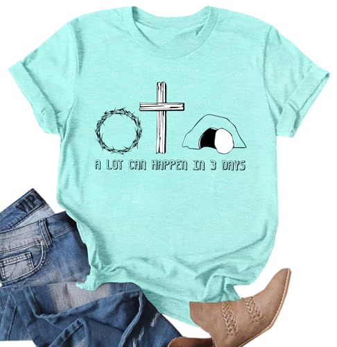 Image of Ithalt Easter Shirts for Women He is Risen Tshirt Easter Christian T-Shirt Jesus Lover Short Sleeve Tops