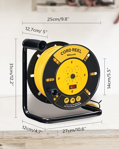 image for WILAWELS Extension Cord Storage Reel with 4-Grounded Outlets, 15A Circ