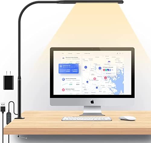 Desk Lamp with Clamp, 12W 108pcs LED Beads Bright Eye-Caring Table Desk Light for Home Office Working, 3 Color 10 Brightness, 360° Long Flexible Goosenecks, Metal Swing Arm, 10W USB Adapter, Black.