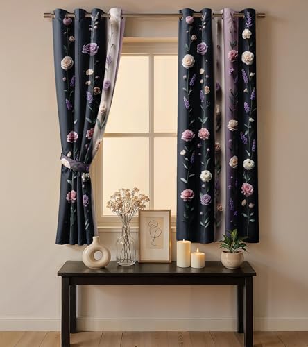 Image of Ultimate Trends Room Darkening Digital Printed 3D Prints Curtain 65-70% Opacity,Diamond Eyelets, Tie Back, Floral Decorated, 7 FEET Pack of 2,Blue Purple