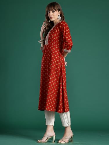Image of INDO ERA Women's Cotton Regular Fit A-Line Ethnic Motifs Embroide Kurta (KT0RD10052)