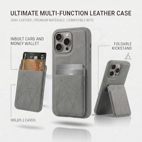 Image of amazon basics Premium Vegan Leather Back Cover with Card Holder and Integrated Mobile Stand for iPhone 15 Pro Max - Slim Shockproof Wallet Case with Geometric Stitching [Gray]