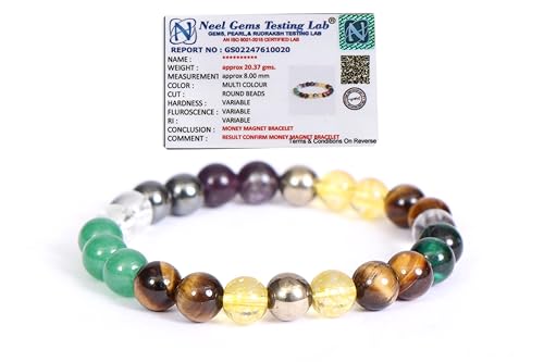 Rebuy Money Magnet Bracelet Pyrite, Green Aventurine, Citrine, Hematite, Clear Quartz, Green Tiger Eye, Amethyst Crystal Healing Natural Gemstone Bracelet For Men & Women, Bead Size 8 Mm, Multi Color