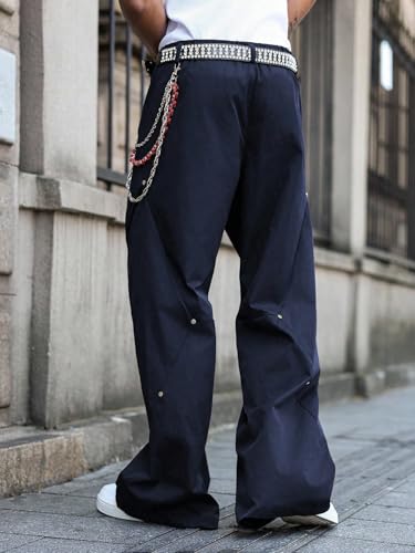 ZAFUL Mens Casual Pants Button Street Solid Color Wide Leg Patchwork Rivet Loose Fit Work Trousers2