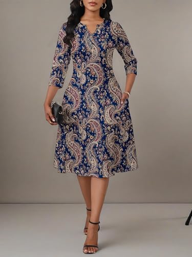 Image of PinkPatty Women's Casual 3 /4 Sleeve Midi Dresses Fit and Flare Church Work Dress with Pockets