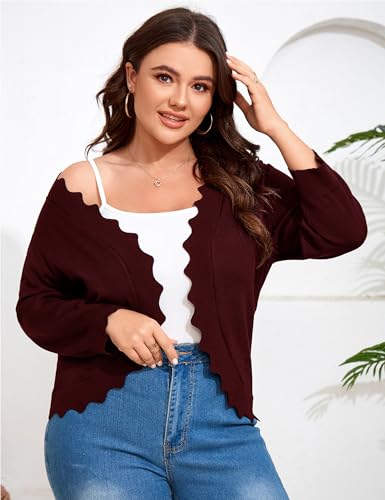 Womens 3/4 Sleeve Cardigan Plus Size Casual Knit Sweater Cardigan Scallop Hemline Open-Front Shrug Sweaters3