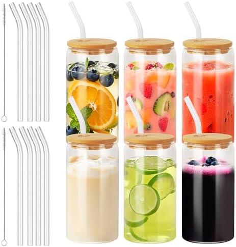 Nuangoo Glas mit Deckel und Strohhalm, 500 ml Trinkgläser mit Deckel,Cocktailgläser Gläser Set,für Iced Coffee Glas, Cocktails,Latte,Smoothie,Whiskey (500 ml – 6 Stück)