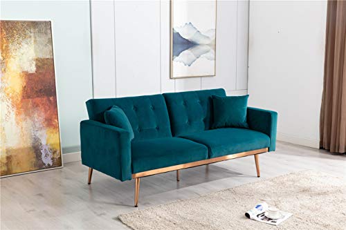 Szlizccc 63" Accent Sofa, Mid Century Modern Velvet Fabric Couch， Convertible Futon Sofa Bed ，Recliner Couch Accent Sofa Loveseat Sofa With Gold Metal Feet (Teal) #TOP2