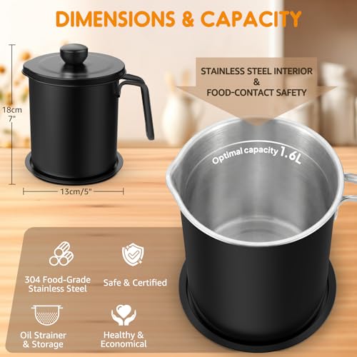Image of Chihee Oil Strainer Pot Grease Can 2 L Stainless Steel Oil Storage Can Container with Fine Mesh Strainer Dust-proof lid Non-slip Plate Suitable for Storing Frying Oil and Cooking Grease