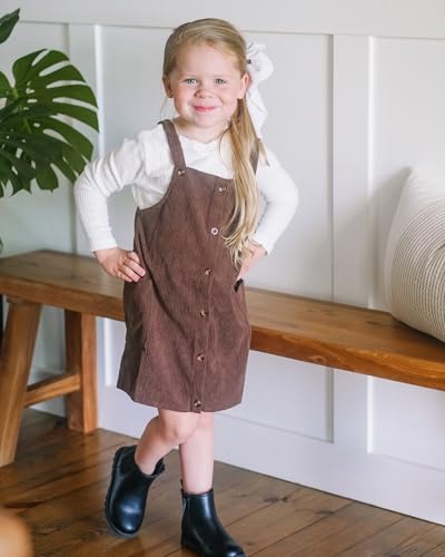 HINTINA Toddler Little Girl Corduroy Button Down Overall Dress Set 2-7Y3