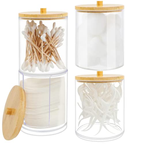 4 Stück wattepadspender, Make-up-Organizer-Set, wattestäbchen behälter mit Bambusdeckel, Stapelbar badezimmer organizer, Acryl Wattepads Aufbewahrung, zur Aufbewahrung von Wattestäbchen Schminkpinseln Cover