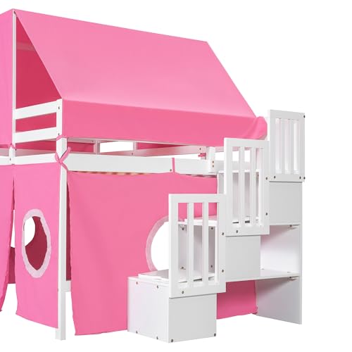 Merax Low Loft Bed Full Size with Slide and Storage Stairs, Wood Loft Bed with Tent & Tower, for Boys & Girls, Pink