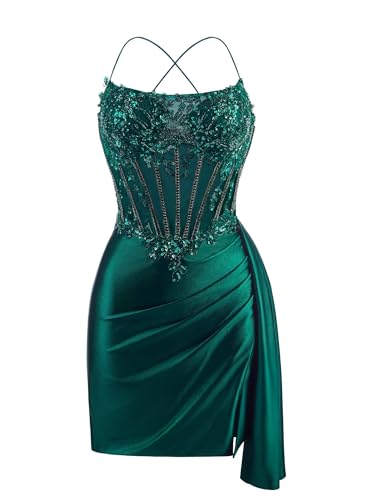Rjer Satin Homecoming Dresses 2025 Short Lace Mermaid Bodycon Beaded Cocktail Party Dress