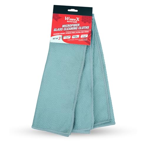 Image of WaveX Microfiber Glass Cleaning Cloth (Set of 3) - Diamond Weave, Streak-Free & Lint-Free | Ultra Soft Glass Cleaning Cloth for Car, Mirror & Windows | Crystal Clear Shine