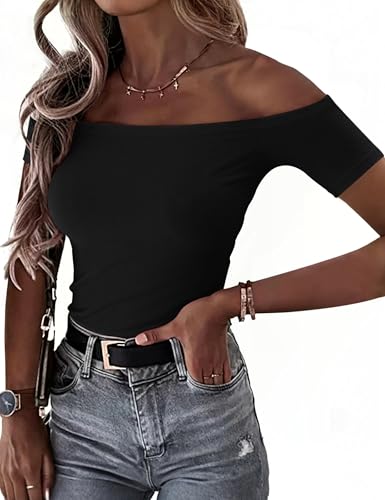 OwnTime Sexy Off the Shoulder Tops for Women Summer Short Sleeve Shirts Ribbed Slim Fitted Trendy Going Out Tops Blouses2