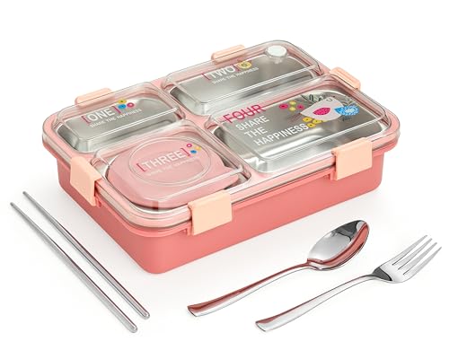 Image of TEC TAVAKKAL 4 Compartment Leak-Proof Lunch Box with Extra Steel Bowl & Lid, 900ML Bento Lunch Box | BPA Free | Includes Spoon, Fork & Chopsticks, Dishwasher Safe, Food Grade Durable Material (Pink)