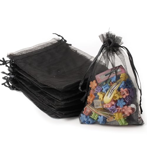 Image of 100PCS Organza Bags, 4x6 inches (10x15cm) Small Mesh Bags Drawstring, Black Jewelry Gift Pouches for Wedding, Party, Festival, Bathroom Soaps