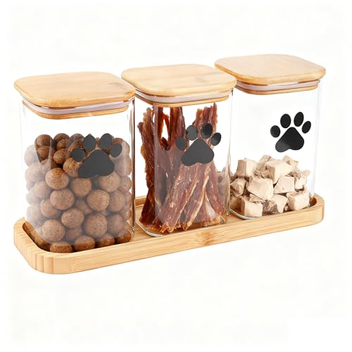 Geyecete Lot de 3 Boîtes à Croquettes pour Chien en Verre – 1000ml, Étanche, Facile à Nettoyer avec Couvercles et Plateau – Conservation Nourriture...