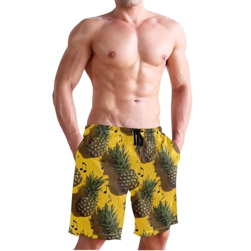 Men's Swim Trunks Music Pineapple Print, Quick Dry Beach Board Shorts with Lining-S3