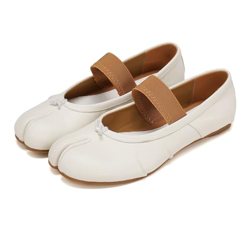 Women Tabi Shoes Split Toe, Mary Jane Flats with Strap Slip On Walking Shoes Barefoot Ballet White Leather Casual Comfort US8 (White, Adult, Women, 8, Numeric, US Footwear Size System, Medium)
