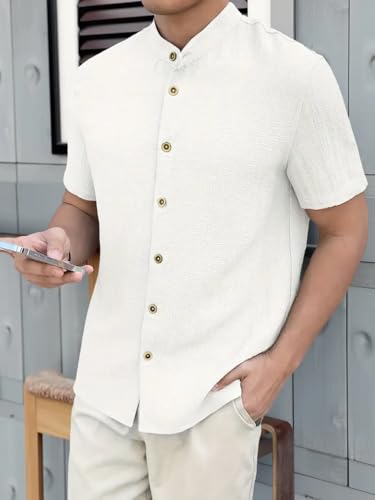 Image of Men's Solid Textured Half Sleeve Shirt with Stylish Buttons | Band Collar Casual Shirt for Summer Wear