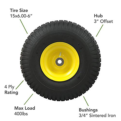 Marastar 21427 15X6.00-6 Front Tire Assembly Replacement Compatible With John Deere Riding Mowers - Turf Saver Tread #TOP2