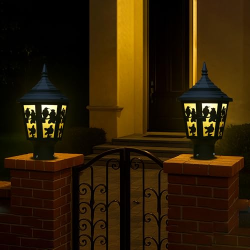 Image of DarkVision Main Outdoor Gate Light Fixture Vintage Waterproof Black Metal Pillar Lamp Bird Design, Durable Exterior Decoration Fixture for Balcony, Fence Posts, Lawn, Villa (Pack of 2) (Without Bulb)
