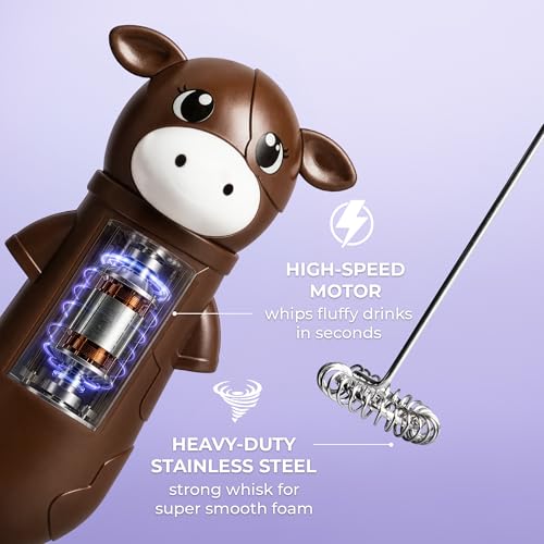 Image of Zulay Kitchen Cow Milk Frother Wand - Cutesy Frother, Meet Your New Frothing Buddy Chocolate The Cow, Adoption Papers and Stickers Included, Purrr-fect for Lattes, Cappuccino & Matcha - Brown