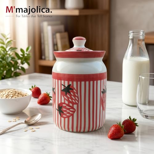 Image of Strawberry Printed Ceramic Handglazed Pickle Jars Set of 1-1000 ML Each | 1 kg Achaar Martban Barni Jar with Lid | Ceramic Storage Jar Container Pickle, Chatney