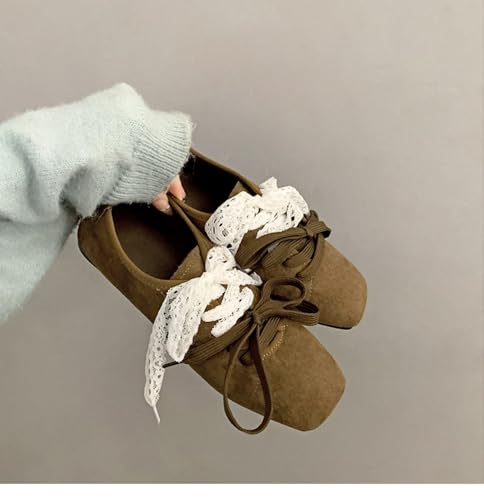 ZQW Women's Y2K Suede Square Closed Toe Lace Up Double Bows Flats Walking Casual Slip On Dressy Comfortable Ballerina Shoes2