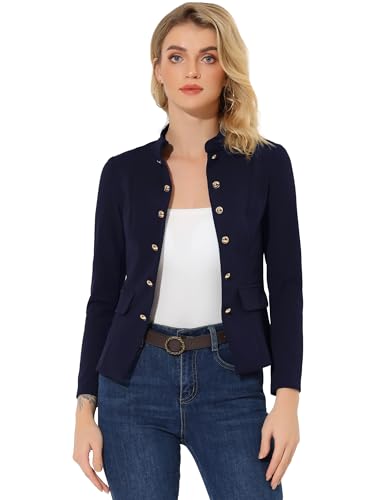 Allegra K Open Front Blazers for Women's Casual Long Sleeves Buttons Office Suit Jacket Small Navy Blue