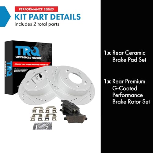 Image of TRQ Performance Rear Brake Pad and Rotor Set Ceramic G Coated Drilled Slotted Rotors Compatible with 2016-2017 Hyundai Veloster 2017-2020 Elantra GT 2017-2018 Kia Forte Forte5 2017-2019 Soul