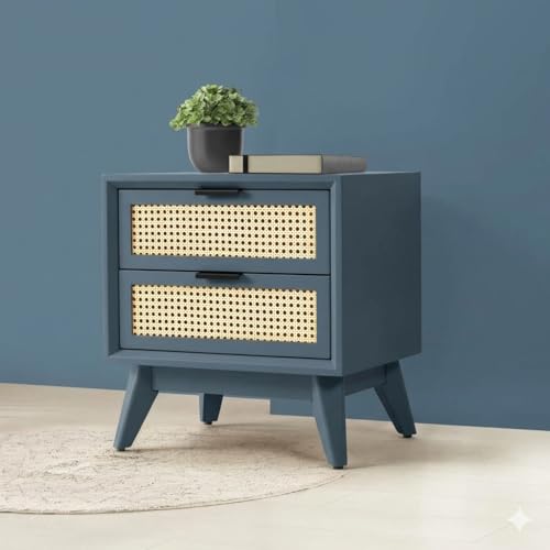 Image of Wooden Bedside Table for Bedroom | HDMR Nightstand with 2 Jaali Drawers | Storage Side Table with HDMR Premium Wood Legs for Living Room Hotels | Compact Lamp table Home Dcor Furniture | Matte Blue