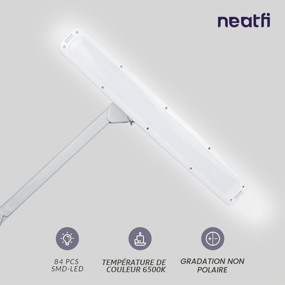 Neatfi Elite HD XL Lampe de Bureau – 1 600 Lumens, Lumière du Jour 6500K | Gradation Continue Sans Palier, Réglable | Bureau, Étude & Espace de Travail à Domicile (Blanc, Non-CCT avec Pince 58 CM)